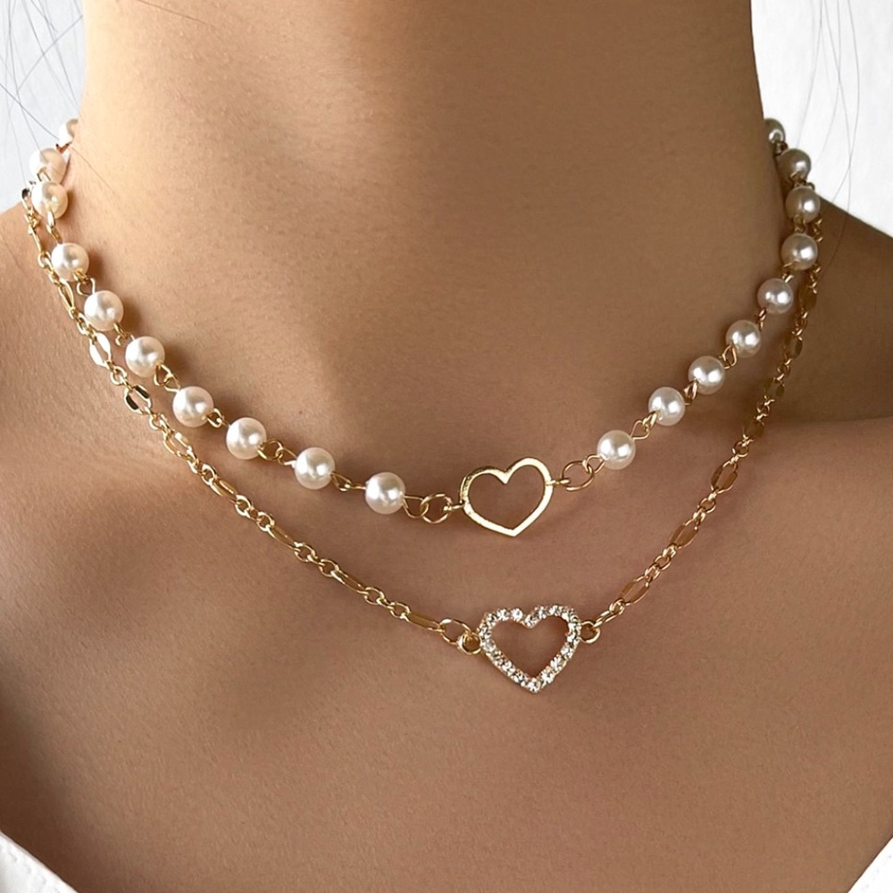Boho Gold Tone Multilayer Faux Pearl Heart Necklace - Picture 1 of 4